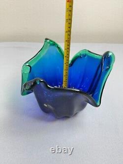 Vintage Italian Murano Style Art Glass Bowl, Cobalt Blue, Green Crest Edge 8 H