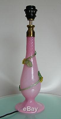 Vintage Italian Murano Venetian Art Twisted Glass Pink Table Lamp With Flowers