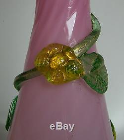 Vintage Italian Murano Venetian Art Twisted Glass Pink Table Lamp With Flowers