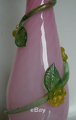 Vintage Italian Murano Venetian Art Twisted Glass Pink Table Lamp With Flowers
