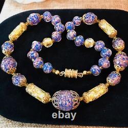 Vintage Italian Murano Venetian Blue Golden Foil Glass Bead 16 Necklace