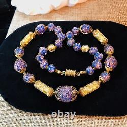 Vintage Italian Murano Venetian Blue Golden Foil Glass Bead 16 Necklace