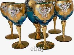 Vintage Italian Murano Venetian Blue withGold Gild 24K Decanter Set w Wine Glasses