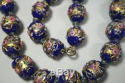 Vintage Italian Murano Wedding Cake Royal Blue Gold Glass Bead Necklace