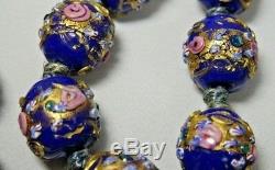Vintage Italian Murano Wedding Cake Royal Blue Gold Glass Bead Necklace