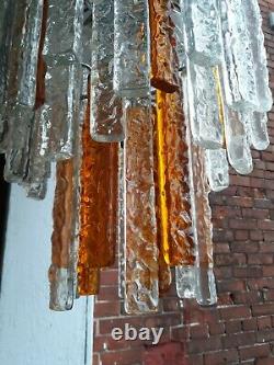 Vintage Italian Murano glass, Mazzega ice look chandelier, amber and clear