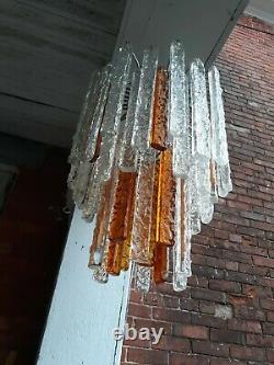 Vintage Italian Murano glass, Mazzega ice look chandelier, amber and clear