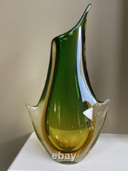 Vintage Italian Sommerso Murano Glass Vase Green Brown Amber 14h