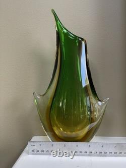 Vintage Italian Sommerso Murano Glass Vase Green Brown Amber 14h