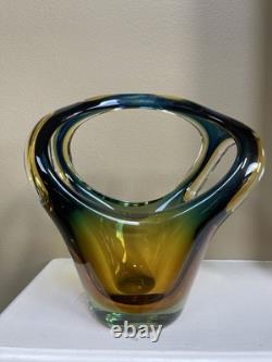 Vintage Italian Sommerso Murano Glass Vase basket Green Blue Brown Amber 8 X 7