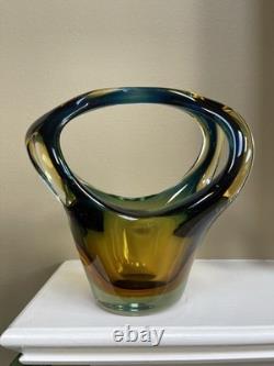 Vintage Italian Sommerso Murano Glass Vase basket Green Blue Brown Amber 8 X 7