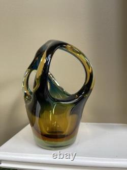 Vintage Italian Sommerso Murano Glass Vase basket Green Blue Brown Amber 8 X 7