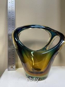 Vintage Italian Sommerso Murano Glass Vase basket Green Blue Brown Amber 8 X 7