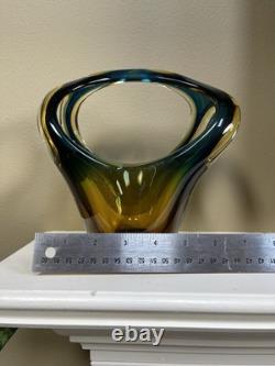Vintage Italian Sommerso Murano Glass Vase basket Green Blue Brown Amber 8 X 7