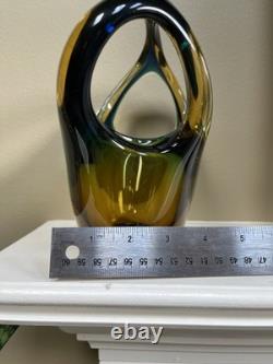 Vintage Italian Sommerso Murano Glass Vase basket Green Blue Brown Amber 8 X 7
