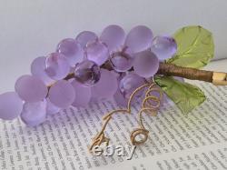 Vintage Italy MURANO Grapes Cluter Frosted Clear Lavender Glass Green Leaves