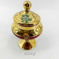 Vintage Italy Murano Venetian Ruby Glass Gold Gilt Overlay Enameled Compote Jar