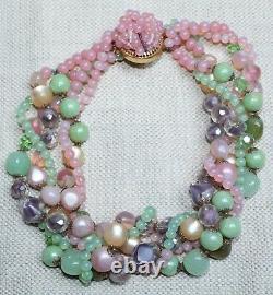 Vintage Italy Necklace Murano Glass & Crystal 5 Stands, Pink, Greens, Stunning