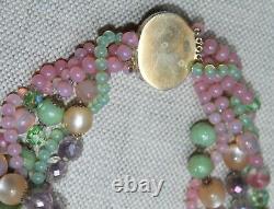 Vintage Italy Necklace Murano Glass & Crystal 5 Stands, Pink, Greens, Stunning