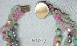 Vintage Italy Necklace Murano Glass & Crystal 5 Stands, Pink, Greens, Stunning