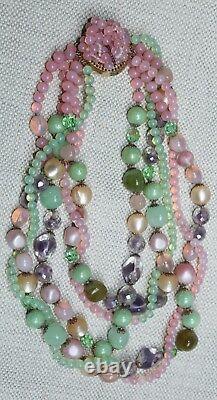 Vintage Italy Necklace Murano Glass & Crystal 5 Stands, Pink, Greens, Stunning