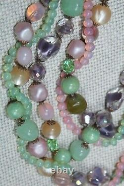 Vintage Italy Necklace Murano Glass & Crystal 5 Stands, Pink, Greens, Stunning