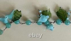 Vintage Italy Venetian Murano Glass Lampwork Blue Bird Green Leaf BeadedNecklace