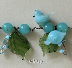 Vintage Italy Venetian Murano Glass Lampwork Blue Bird Green Leaf BeadedNecklace