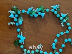 Vintage Italy Venetian Murano Glass Lampwork Blue Bird Green Leaf BeadedNecklace