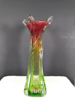 Vintage J. I Co. Venetian Murano Glass Hand Made Vase Red Green Clear 12-1/2 T