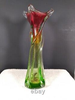 Vintage J. I Co. Venetian Murano Glass Hand Made Vase Red Green Clear 12-1/2 T