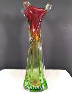 Vintage J. I Co. Venetian Murano Glass Hand Made Vase Red Green Clear 12-1/2 T