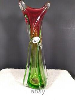 Vintage J. I Co. Venetian Murano Glass Hand Made Vase Red Green Clear 12-1/2 T