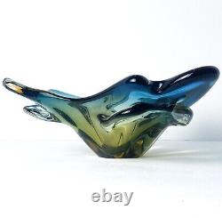 Vintage JiCo MURANO Glass Bowl Centerpiece Blue Freeform Boomerang Triple GLOWS