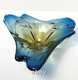 Vintage JiCo MURANO Glass Bowl Centerpiece Blue Freeform Boomerang Triple GLOWS