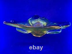 Vintage JiCo MURANO Glass Bowl Centerpiece Blue Freeform Boomerang Triple GLOWS