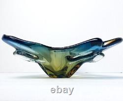 Vintage JiCo MURANO Glass Bowl Centerpiece Blue Freeform Boomerang Triple GLOWS