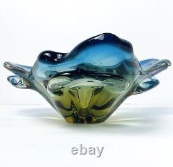 Vintage JiCo MURANO Glass Bowl Centerpiece Blue Freeform Boomerang Triple GLOWS