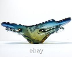 Vintage JiCo MURANO Glass Bowl Centerpiece Blue Freeform Boomerang Triple GLOWS