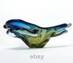 Vintage JiCo MURANO Glass Bowl Centerpiece Blue Freeform Boomerang Triple GLOWS