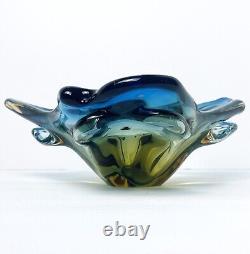 Vintage JiCo MURANO Glass Bowl Centerpiece Blue Freeform Boomerang Triple GLOWS