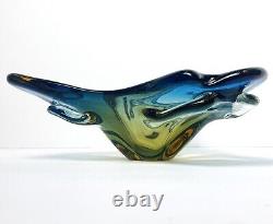 Vintage JiCo MURANO Glass Bowl Centerpiece Blue Freeform Boomerang Triple GLOWS