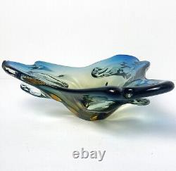 Vintage JiCo MURANO Glass Bowl Centerpiece Blue Freeform Boomerang Triple GLOWS