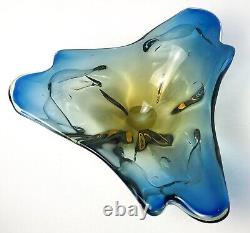 Vintage JiCo MURANO Glass Bowl Centerpiece Blue Freeform Boomerang Triple GLOWS