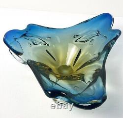 Vintage JiCo MURANO Glass Bowl Centerpiece Blue Freeform Boomerang Triple GLOWS