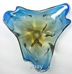 Vintage JiCo MURANO Glass Bowl Centerpiece Blue Freeform Boomerang Triple GLOWS