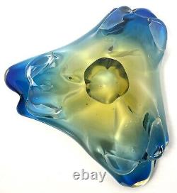 Vintage JiCo MURANO Glass Bowl Centerpiece Blue Freeform Boomerang Triple GLOWS