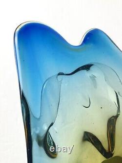 Vintage JiCo MURANO Glass Bowl Centerpiece Blue Freeform Boomerang Triple GLOWS