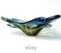 Vintage JiCo MURANO Glass Bowl Centerpiece Blue Freeform Boomerang Triple GLOWS