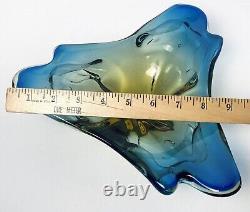 Vintage JiCo MURANO Glass Bowl Centerpiece Blue Freeform Boomerang Triple GLOWS